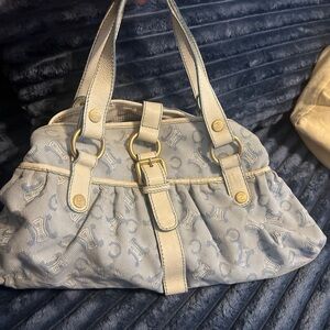 Celine Light Blue Monogram Shoulder Bag with Gold-Tone Hardware